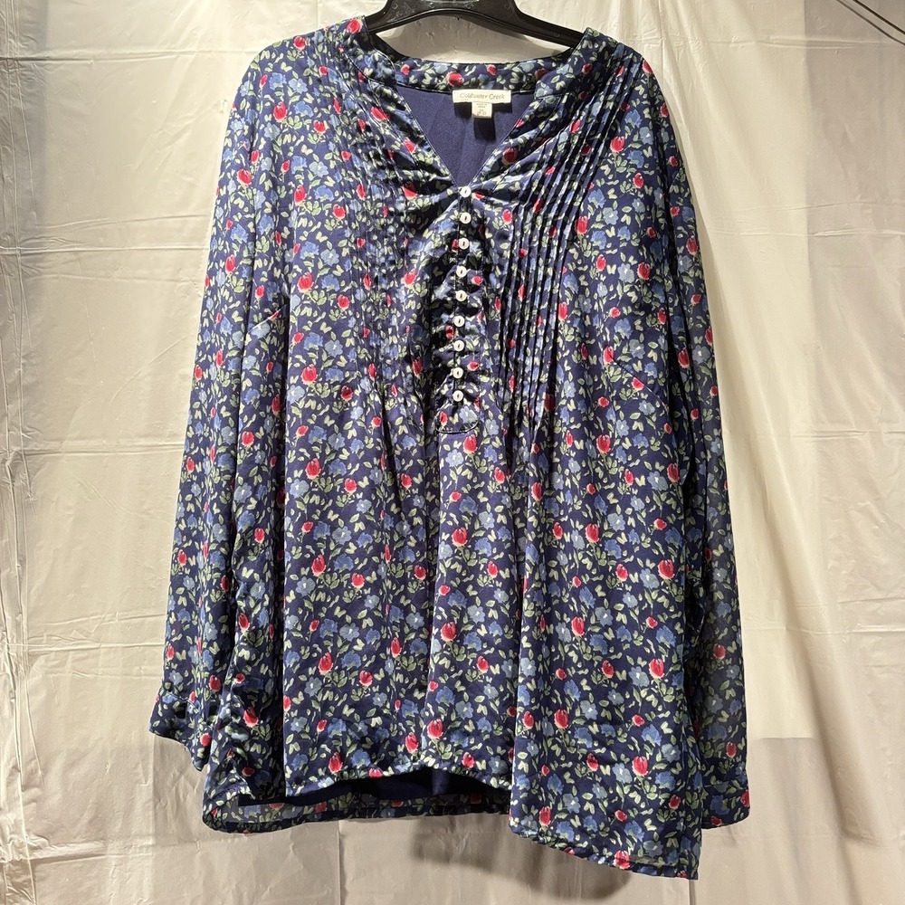 Coldwater Creek Womens Blue & White Floral Print Top‎ 2X  V-Neck Button
